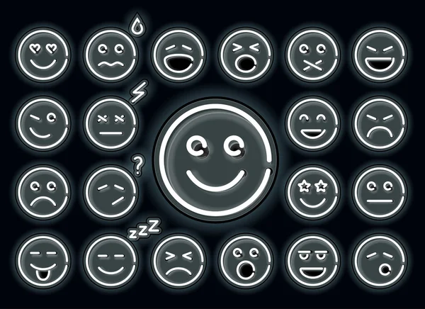 Neon emotions set. Set of emoticons, glowing emoji isolated on black background.