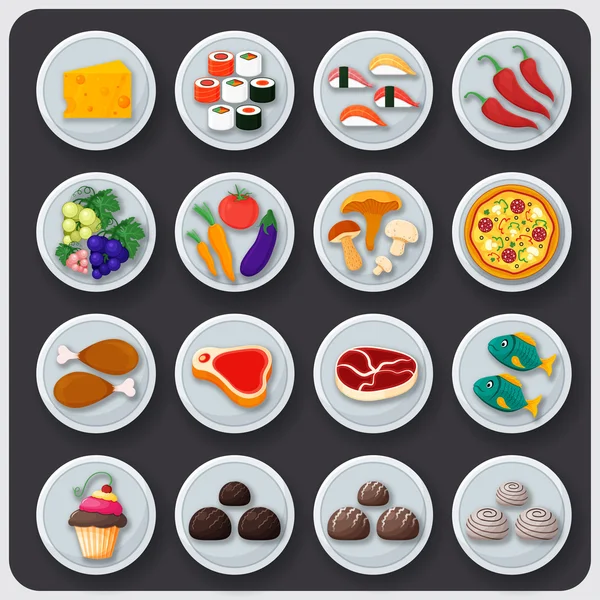 Dishes icon set. Food on the plates