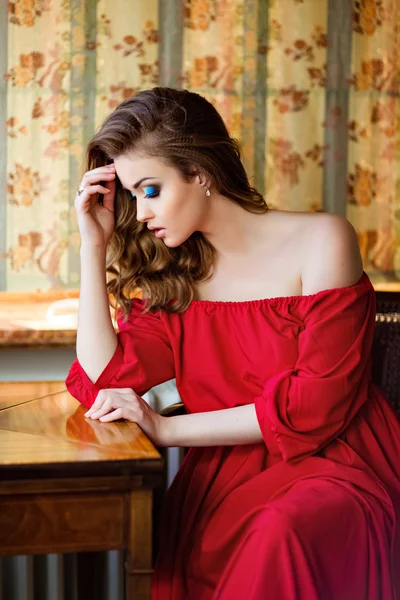 Portrait of a very beautiful sensual girl in the red dress in profile, sitting on a chair