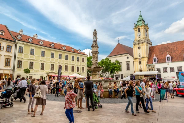 Tourists enjoying architecture in downtown Bratislava