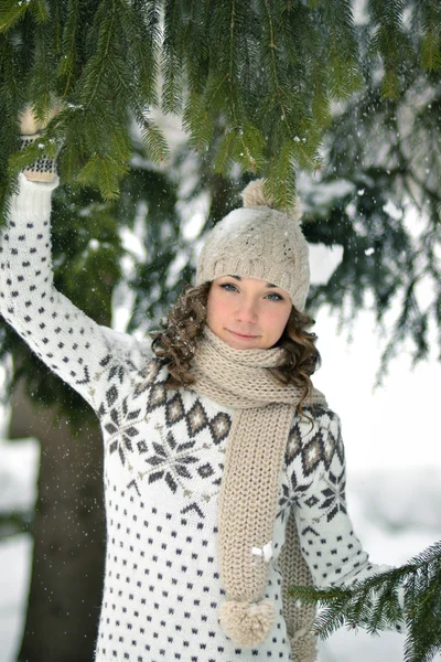 Happy,cheerful girl in winter forest,play with snow.Playful girl in snowy forest with fir-tree in warm sweater with patterns,scarf.The girl holds a fir-tree branch in a warm sweater with beautiful patterns, a cap and a scarf, shake snow and laughs.