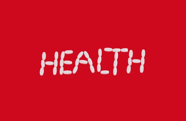 White pills health sign on red background