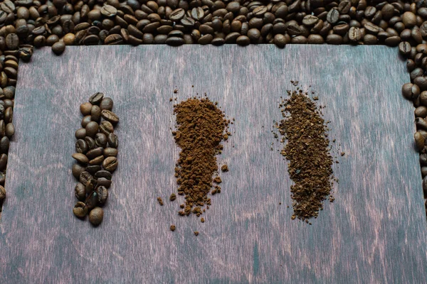Three stages of coffee lines separate. From grain to soluble