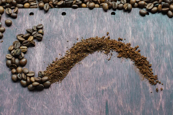 Three stages of coffee in a curve. From grain to soluble