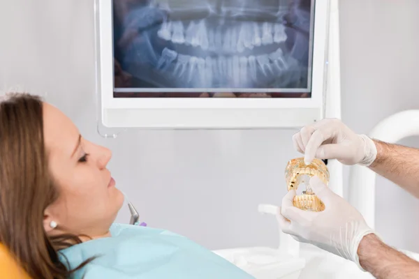 Female patient with dental jaw model