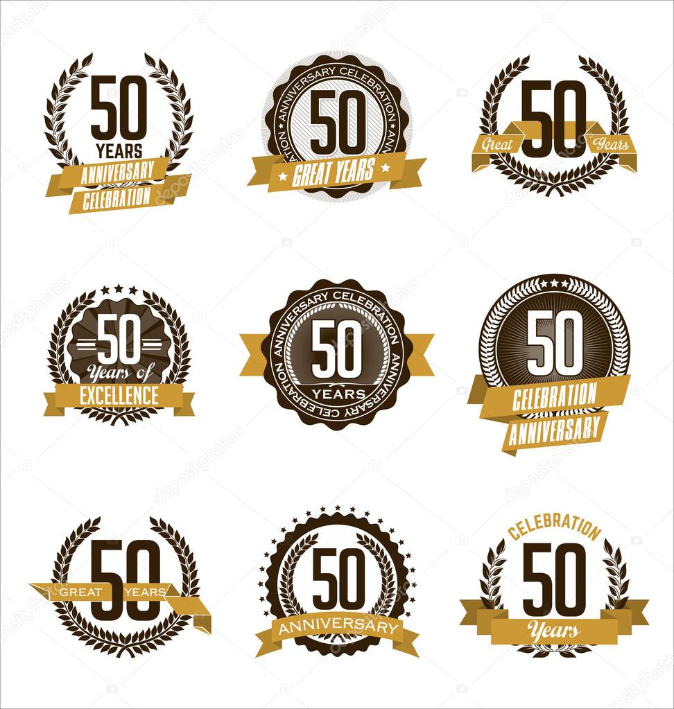 Conjunto Vintage aniversario insignias celebración de marrón y oro 50 años\u2014 Vector de visarts