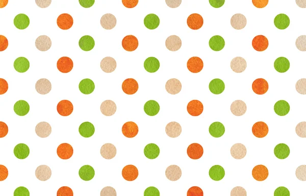 Watercolor green, orange and beige polka dot background.