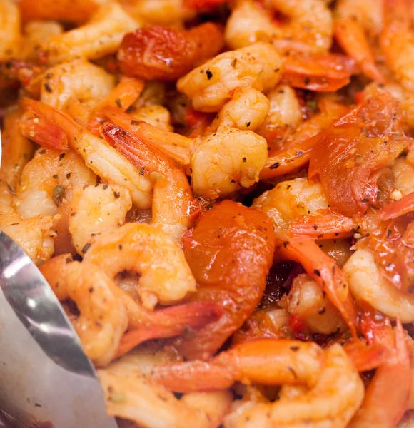 Close up on spicy shrimps at the caterer