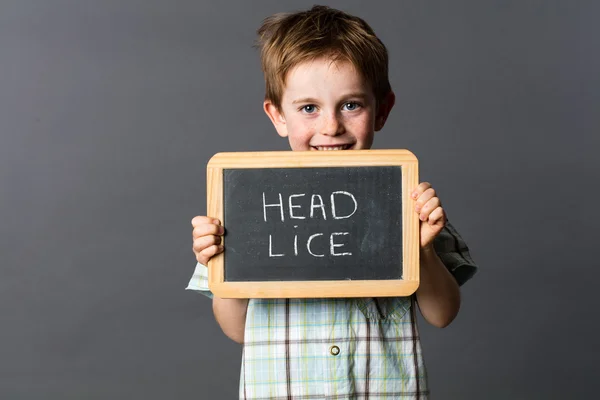 Happy little child informing about head lice to fun fight