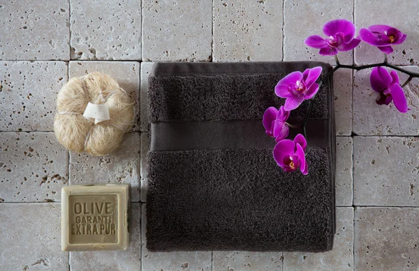 Body peeling concept with loofah sponge, organic olive oil soap