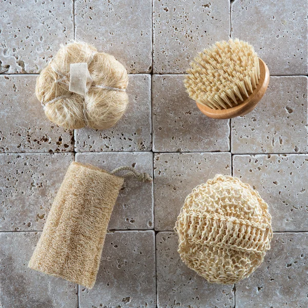 Loofah sponges and Swedish brush to dry clean and exfoliate