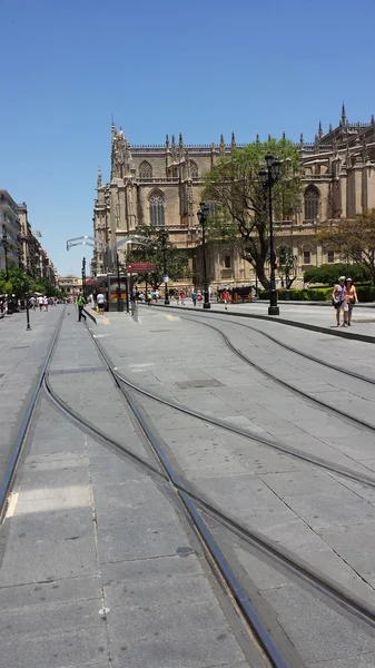 Seville, Spain. Tramway. St. Mary\'s Cathedral in Seville. People on the street