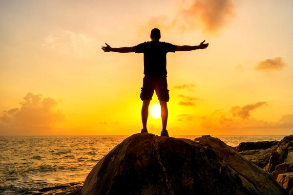 Silhouette of a man standing on a rock on the sunset and sea background