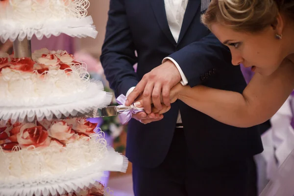 The newlyweds cut the wedding cake