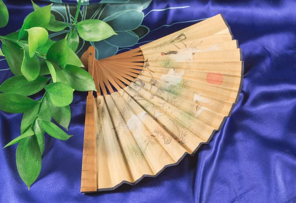 Outdoor fan and green stems lying on the blue silk
