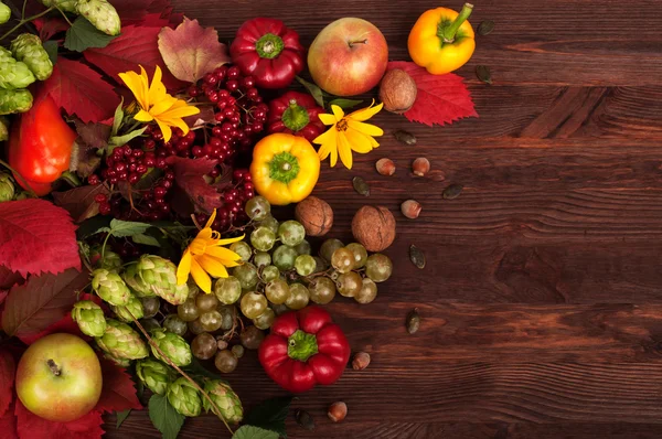 Bright autumn and summer background with fresh juicy vegetables, fruit, nuts and herbs on a brown wooden background. Place for writing text or recipe. Wallpaper, background.
