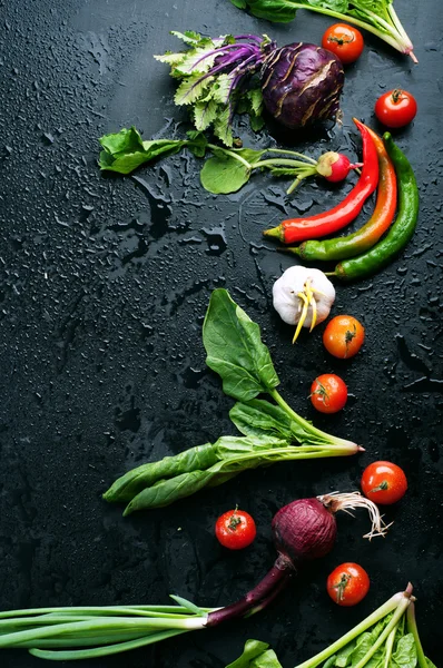 Fresh juicy vegetables and greenery, such as radish, onions, tomatoes, spinach, hot pepper, garlic, cabbage, kohlrabi, and radishes on a black surface. Vegetable background. Vegan concept. Place for text