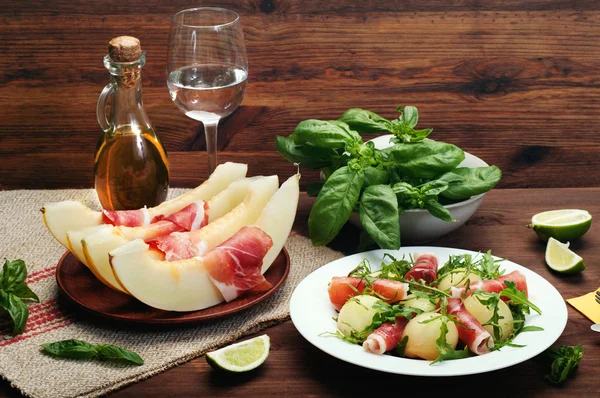 Classical Spanish appetizer with melon and jamon. Tapas. Refined and simple Spanish cuisine.