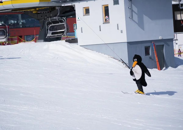Ski instructor of ski school in a penguin suit. Ski resort in Alps, Austria, Zams