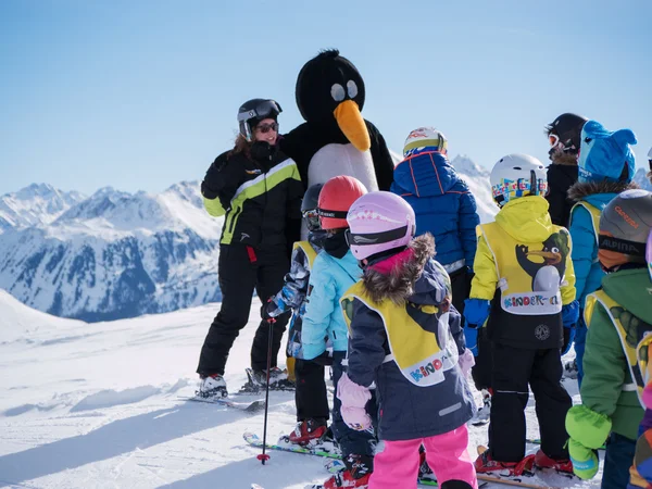 Ski instructors study young skiers. Ski resort in Austria, Zams on 22 Feb 2015. Skiing, winter season, mountains