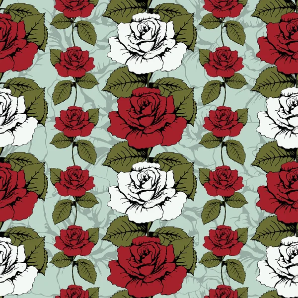 Seamless pattern of flowers roses. Red and white roses Woven, ornate. Blue background with flowery patterns. Twisted buds, leaves, stems. Wallpaper, wrapper, fabric design, decor element, decoration