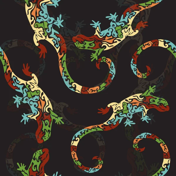 Abstract figured lizards, seamless pattern, tattoo sketch, print. Multicolored reptile on a dark background. For fabric design, textile, wallpaper, wrapping, print