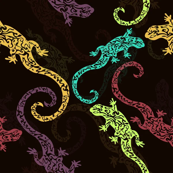 Abstract figured lizards, seamless pattern, print. Multicolored reptile on a dark background. For fabric design, textile, wallpaper, wrapping, print