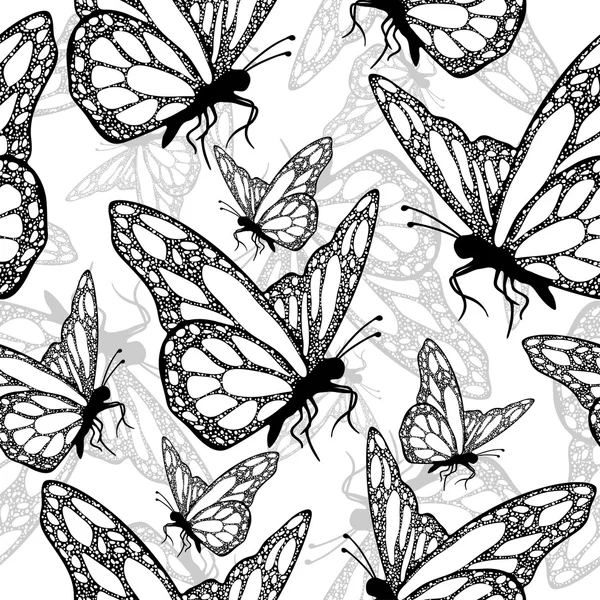 Butterflies seamless pattern, monochrome, coloring book, black and white illustration in boho style, hippie, bohemian. Black and white butterfly wings on a white background. Exotic Insect. Textile