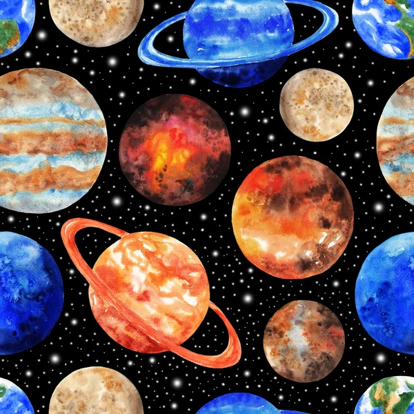 Seamless pattern with the planets of the Solar system on black background. Mercury, Venus, Earth, Mars, Jupiter, Saturn, Uranus, Neptune, Pluto. Watercolor illustration