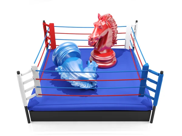 Red chess knight wins over blue chess knight on boxing ring
