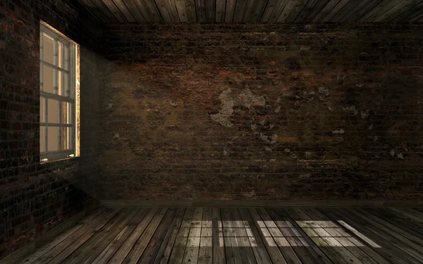 Empty dark old abandoned room with old cracked brick wall and old hardwood floor with volume light through window pane. Huanted room in dark atmosphere with dim light