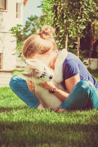 Young girl playing with a dog. Puppy Siberian Husky.Beautiful woman with husky outdoors.Woman with smiling siberian husky dog, sitting on a sunny day, on a walk with dog.