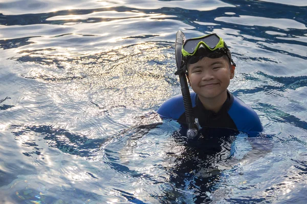 Happy kids snorkelling mask in water summer vacation