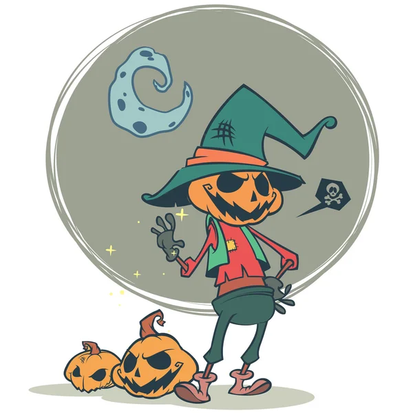 Halloween scary pumpkin head scarecrow, vector postcard for Halloween holiday