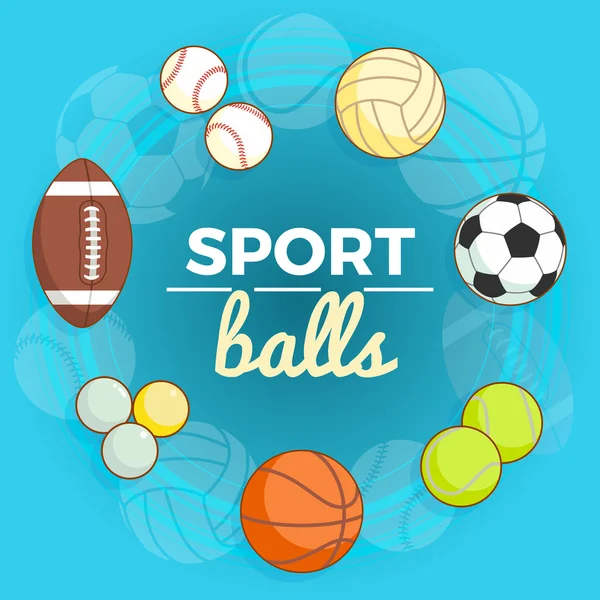 Set of colorful sport balls at a blue background. Balls for rugby, volleyball, basketball, football, ping-pong, baseball, tennis. Vector Illustration.