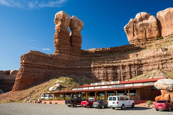 Views of the stone formation called Twin Rocks and the Twin Rocks Cafe