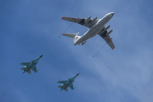 The demonstration of in-flight refueling of russian multi-purpose bombers Su-34