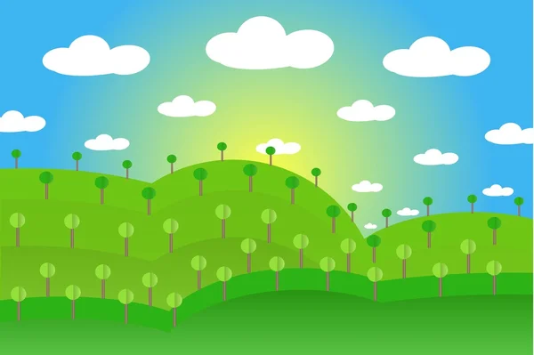 Landscape with green hills, gardens, forests, blue sky, white clouds, yellow sun, flat design