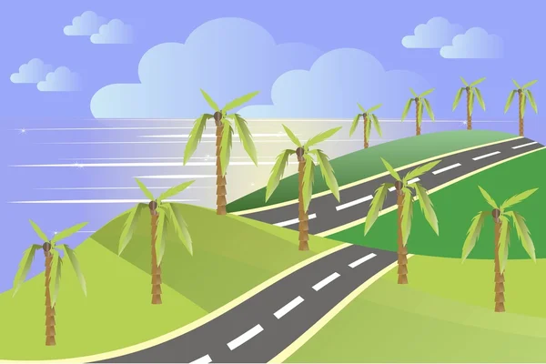 Landscape in the summer. Green hills, a grey asphalt road, blue sky, clouds, sea, palm trees. Modern flat design, design element, vector