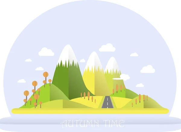 Series four seasons. Mountain landscape, road in autumn time. Modern flat design, design element