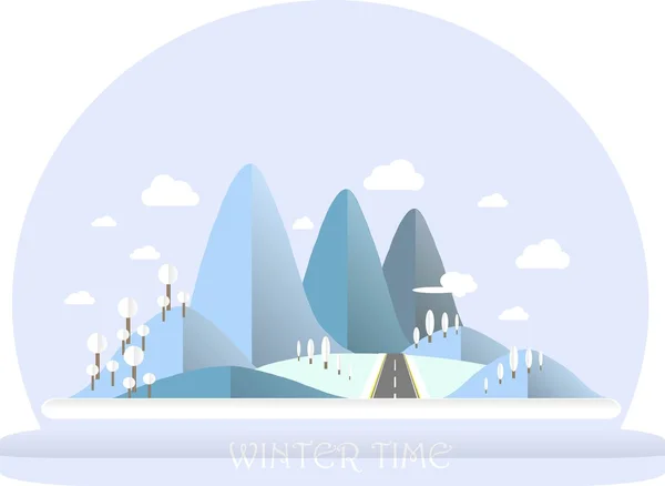 Series four seasons. Mountain landscape with road in winter time. Modern flat design, design element
