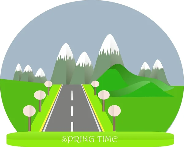 Series four seasons. Mountain landscape, road in spring time. Modern flat design, design element, vector
