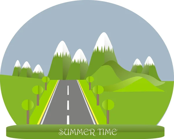 Series four seasons. Mountain landscape, road in summer time. Modern flat design, design element, vector