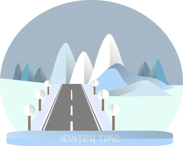 Series four seasons. Mountain landscape with road in winter time. Modern flat design, design element, vector