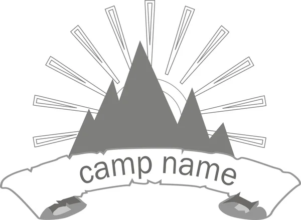 Camp logo, vector, illustration, camp, logo, eps, jpeg, sun, on white shape, rays, object isolation, gray, hills, mountain, alpine, hiking, backpacking, recreation, sports, vacation, travel