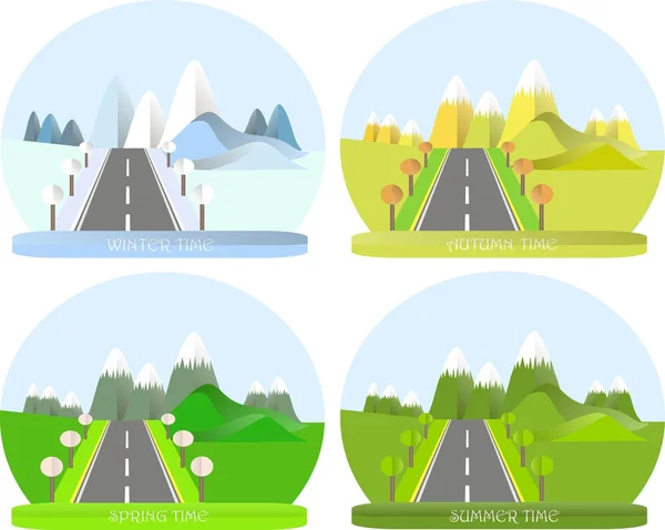 Series four seasons. Mountain landscape with road in winter, summer, autumn and spring time. Modern flat design, design element, vector