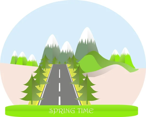 Series four seasons. Mountain landscape, road in spring time, fir trees. Modern flat design, design element, vector