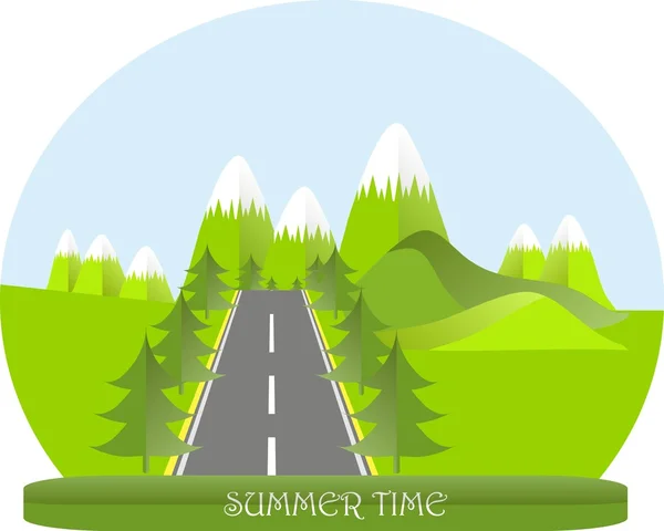 Series four seasons. Mountain landscape, road in summer time, fir trees. Modern flat design, design element, vector