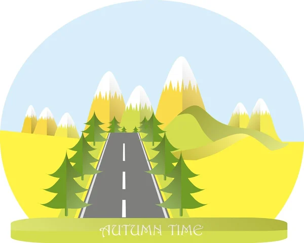 Series four seasons. Mountain landscape, road in autumn time, fir trees. Modern flat design, design element, vector