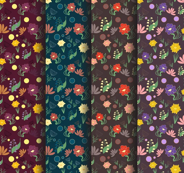 Set of seamless hand drawn floral patterns in different bright dark colors, dark background with small spring flowers. Vector illustration.